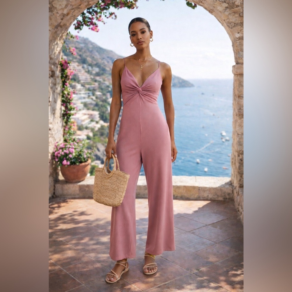 NSR Stevie Pink Twist Front Cutout Wide Leg Jumpsuit XL NWOT
